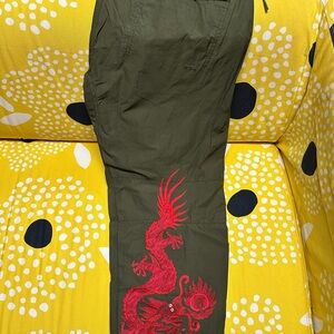 Maharishi Olive Green Cargo Pants with Red Dragon Embroidery XL